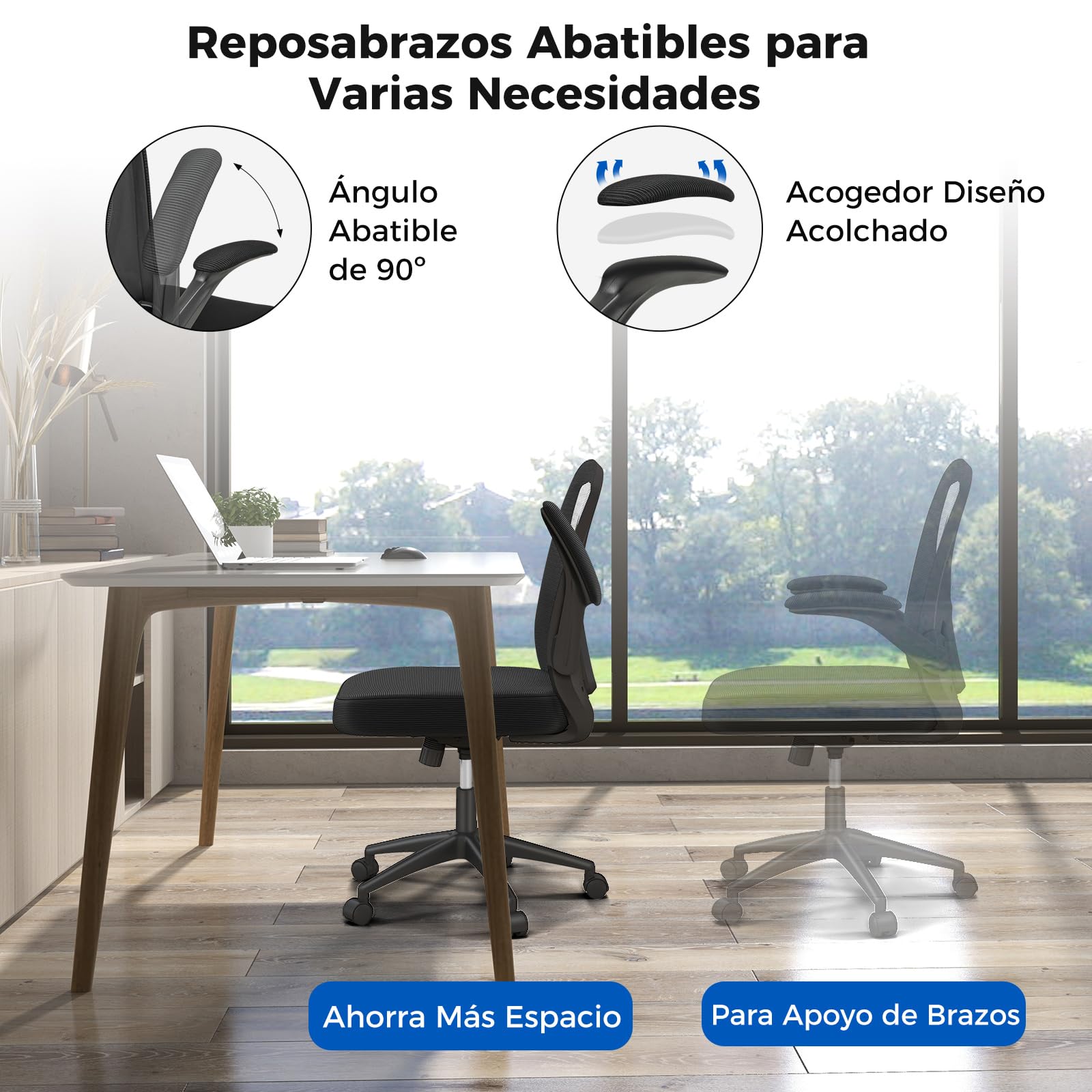 GIANTEX Silla de Oficina de Malla, Silla de Escritorio Ergonómica con Altura Ajustable, Reposabrazos Abatibles, Soporte Lumbar y Cojín de Esponja Suave, con Ruedas, para Dormitorio, Oficina