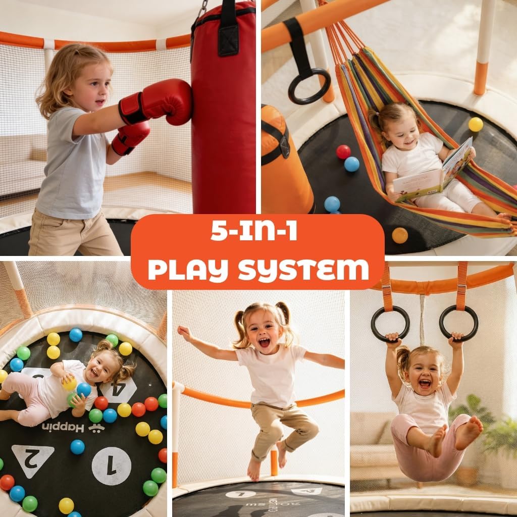 Happin® 55’’ Trampoline for Kids with Safety Enclosure, Indoor & Outdoor Toddler Trampoline, Ultra Safe Design with Multi Activity Accessories, Perfect Toddler Gift for Boys & Girls Ages 1–8