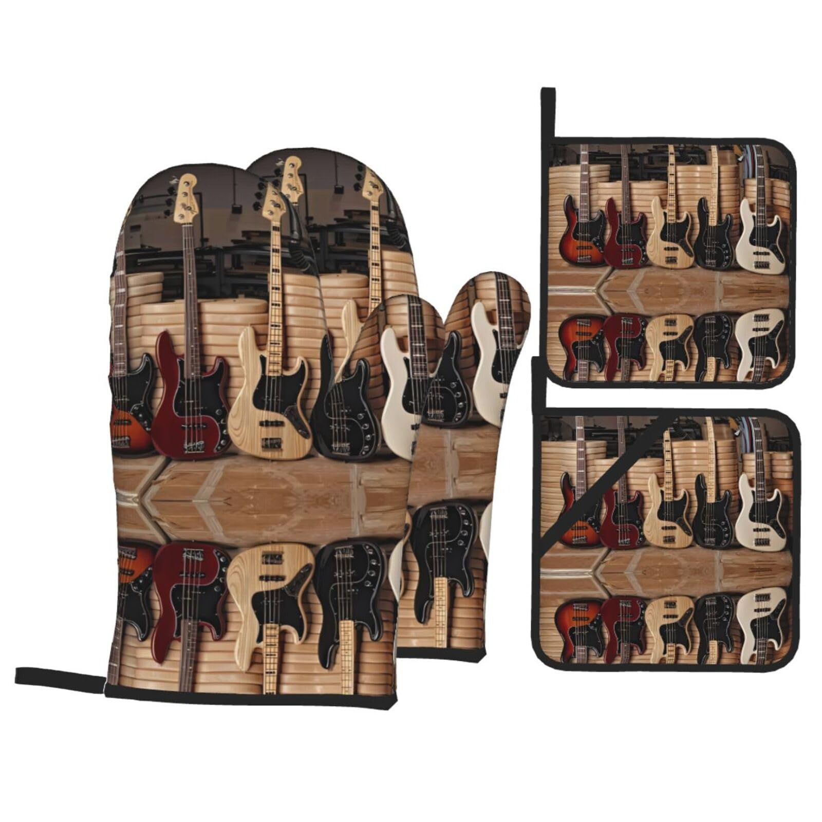 HJFCZH Guitar Bass Music Musical Instruments Prints Kitchen Covers: Waterproof Oven Layers for Safe Cooking & Easy Cleanup - 4 Piece Heat Protection Set