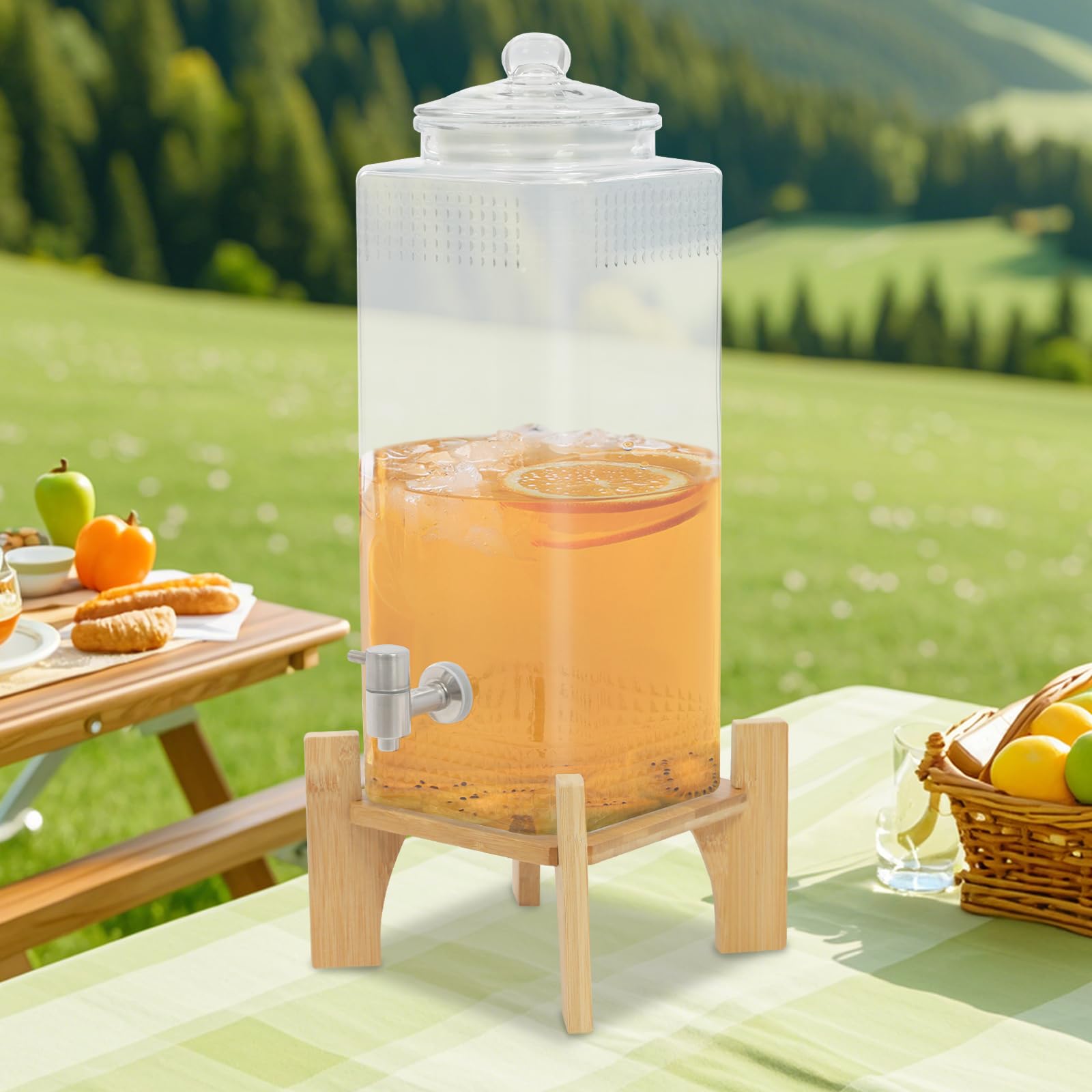 Distributore di bevande, dispenser di succo in vetro con rubinetto e supporto in bambù (10 l)