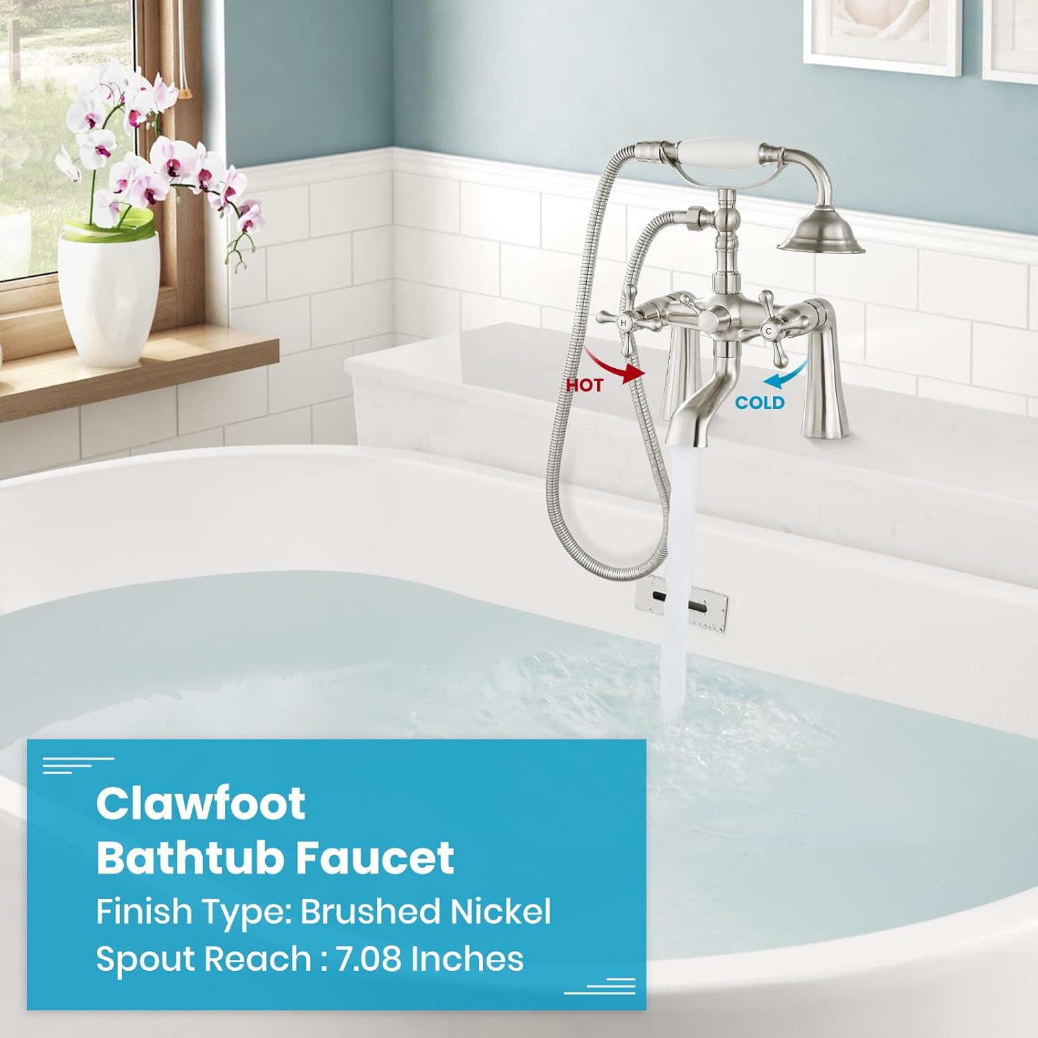 Brushed Nickel Wall-Mounted Clawfoot Tub Faucet with Handheld Shower