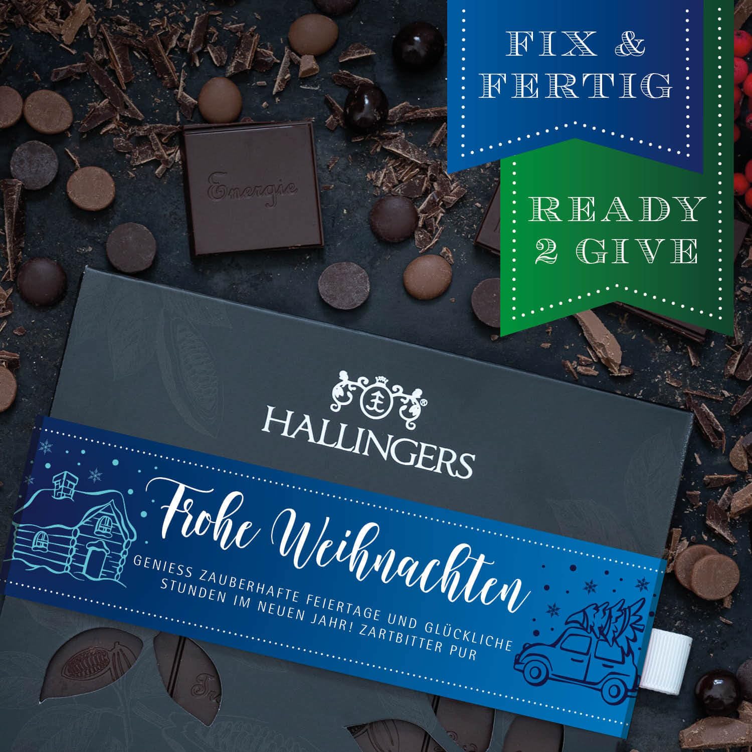 Hallingers Genuss Manufaktur Vegane Schokolade Weihnachts-Geschenk - Tafel handgeschöpfter Edelkakao ohne Alkohol edler Karton 10x "Frohe Weihnachten" Pur 85%, Weihnachten für Frauen Männer