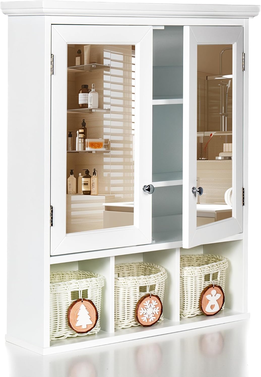 Bathroom Medicine Cabinet with Mirror Doors, Wall Mounted Cabinet with 2 Adjustable Shelves and 3 Storage Baskets, Over The Toilet Wall Cabinet for Bathroom, Laundry Room, Kitchen
