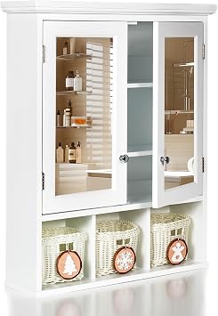 Bathroom Medicine Cabinet with Mirror Doors, Wall Mounted Cabinet with 2 Adjustable Shelves and 3 Storage Baskets, Over The Toilet Wall Cabinet for Bathroom, Laundry Room, Kitchen