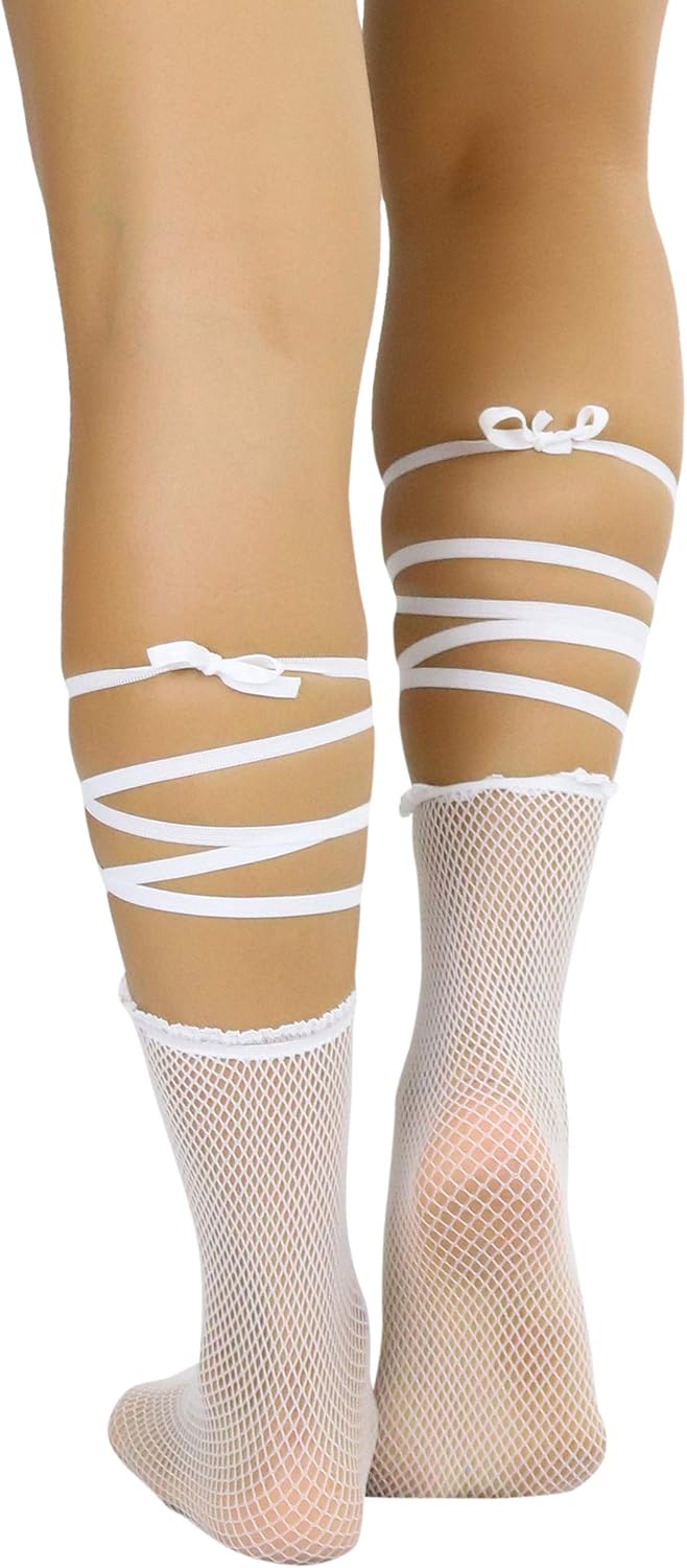 ToBeInStyle Women's Lace Trim Fishnet Ankle High Socks With String Tie - Image 3