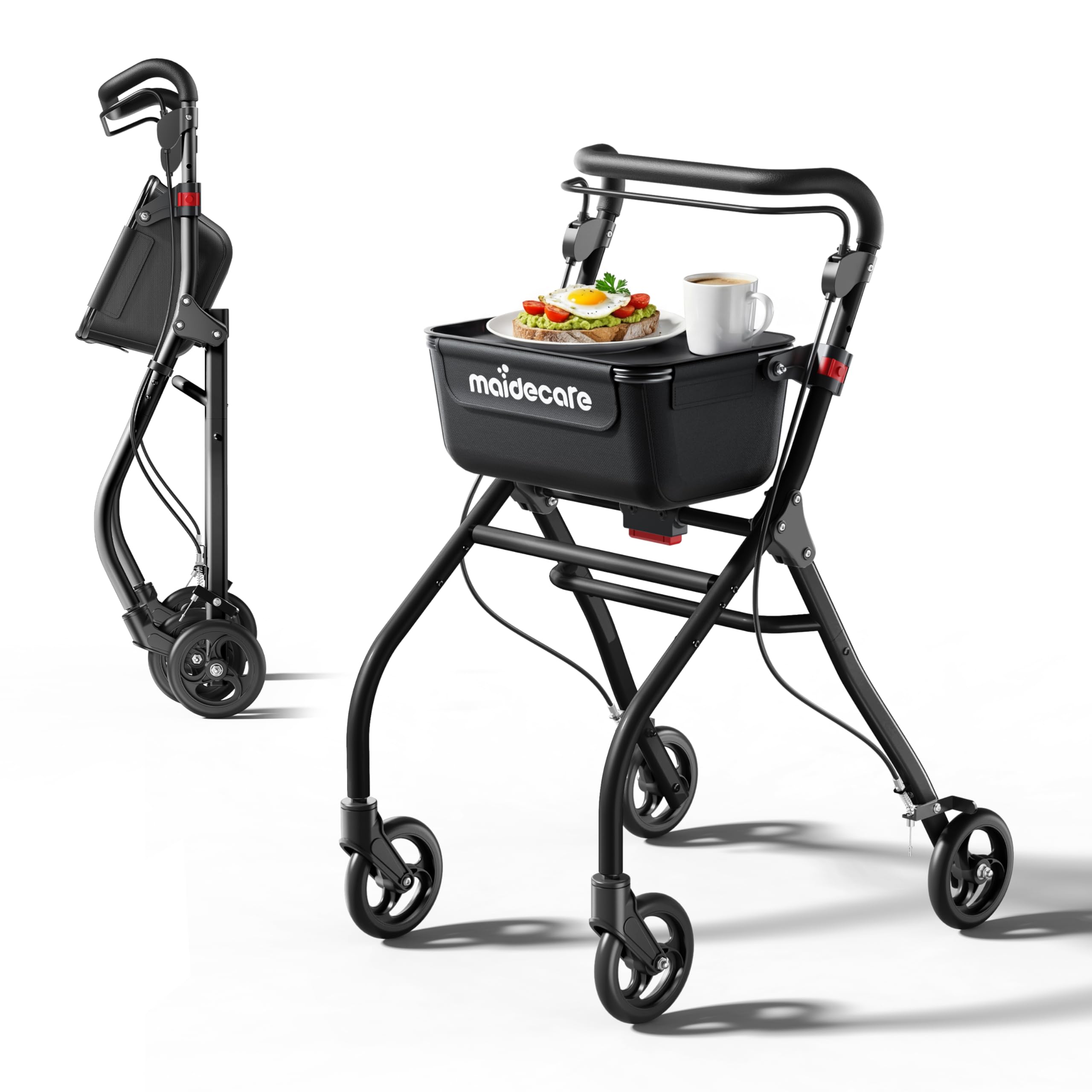 Andador para Ancianos, Andador Plegable con Asiento para Personas Mayores, Estrecho para Apartamento, Modelo de Interior Plegable y Ligero con Bandeja y Bolsa de Tela, 4 ruedas, Aluminio, Negro