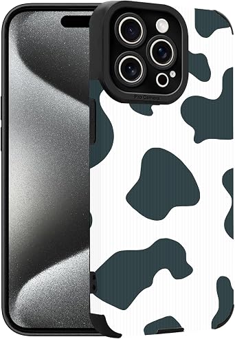 Case for iPhone 15 Pro Case - Soft TPU and Striped Leather - Blackish Green Cow Print Design - Shockproof Phone case for Women Girls Man