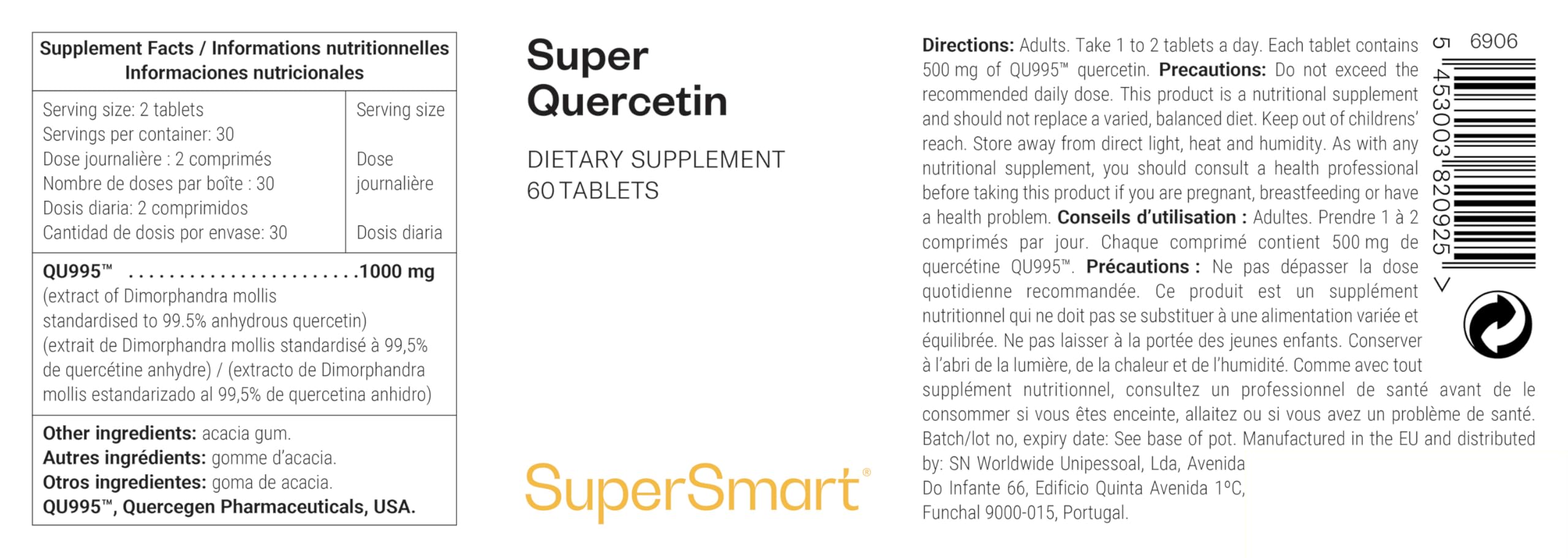 Super Quercétine - Diminue les Allergies - Renforce l'Immunité - 70% Mieux Absorbé que la Quercétine Classique - 60 gélules vegan - Supersmart