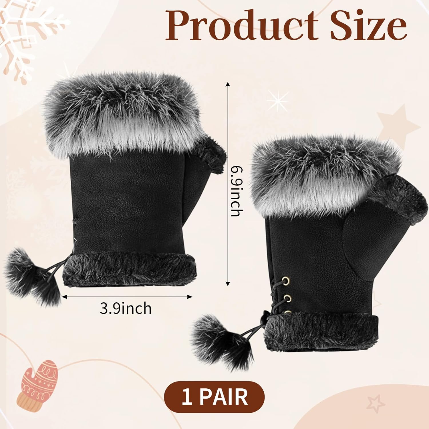 SATINIOR Women Fur Fingerless Gloves Winter Rabbit Fur Lined Half Finger Mittens for Women Girls Teen Working Writing - Image 2