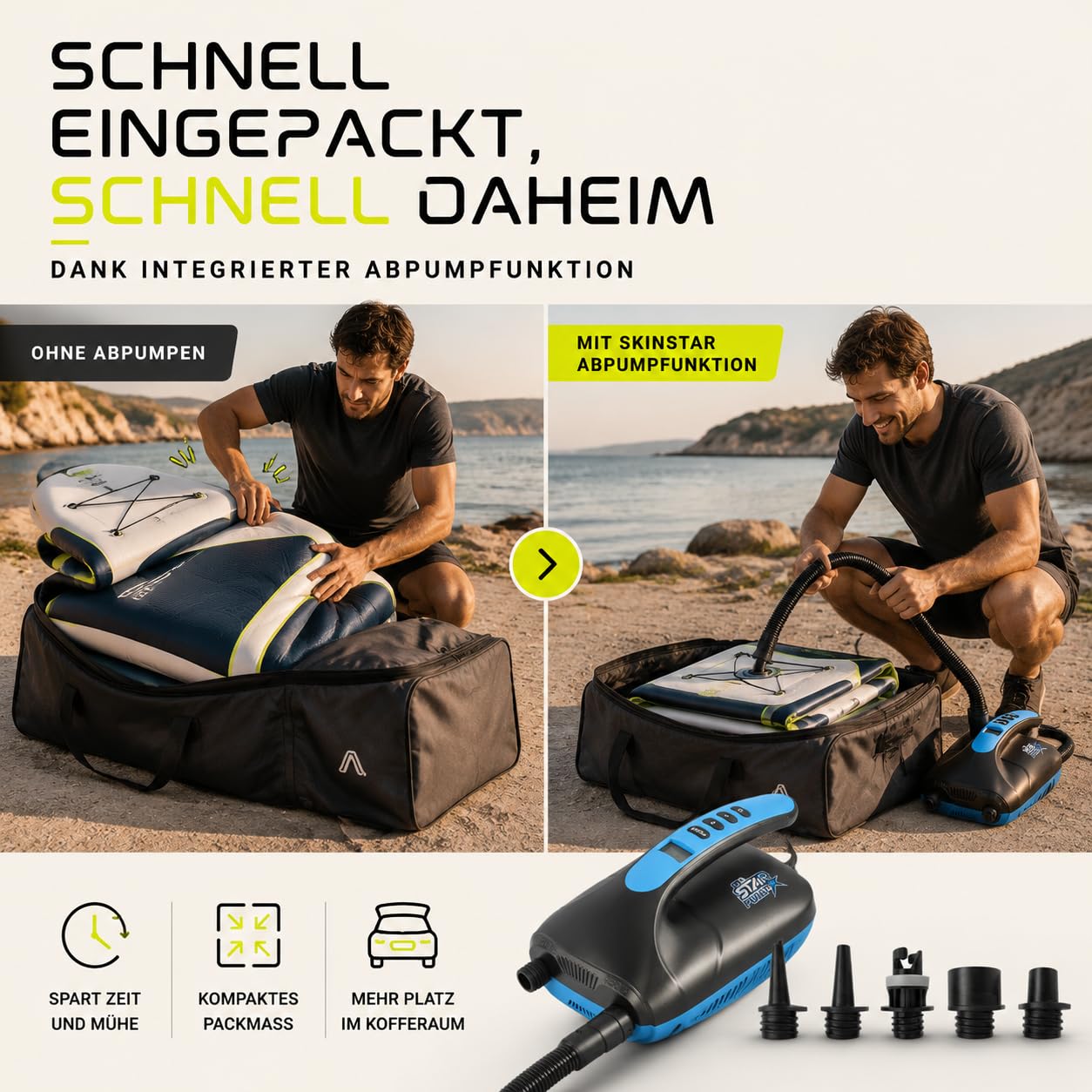 SkinStar elektrische SUP Board Pumpe Luftpumpe Kompressor Stand Up Paddle | Bis 20 PSI, automatischer Stopp, 2-Stufen-System, Abpumpfunktion, 12V Autoadapter 2,75 m, 5 Adapter, deutsche Marke