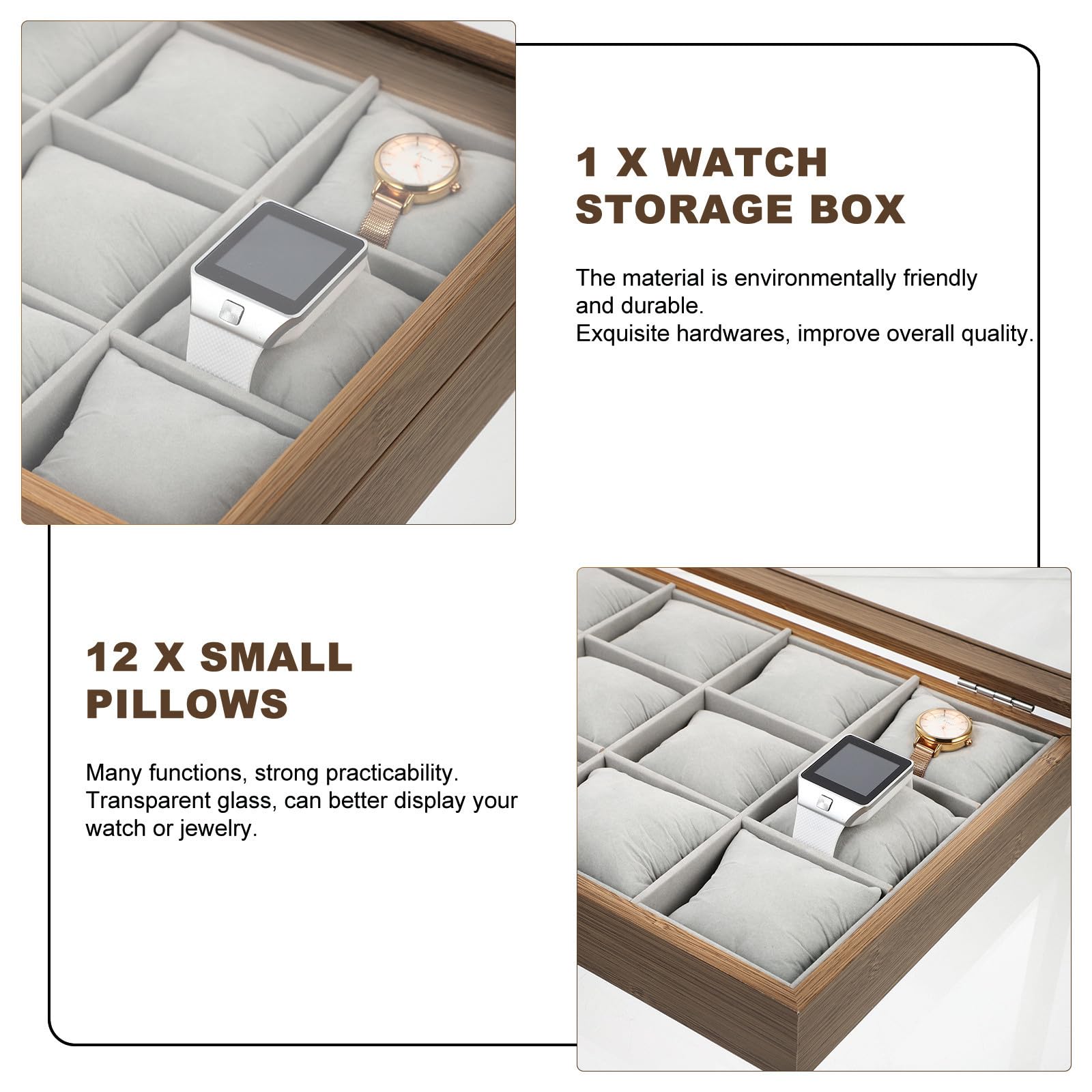 Caja organizadora de relojes de madera con 12 almohadillas removibles para uso personal y exhibición en tienda