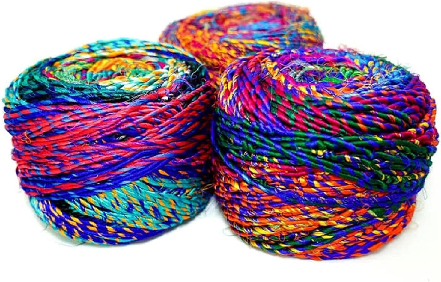 Revolution Fibers Recycled Sari Silk Yarn, Multi-Color Pure Silk, Made From Handspun Used Sari Fabric Ribbon Scraps, Rainbow for Knitting, Weaving & Crocheting - 100 Grams per Ball (2-Pack)