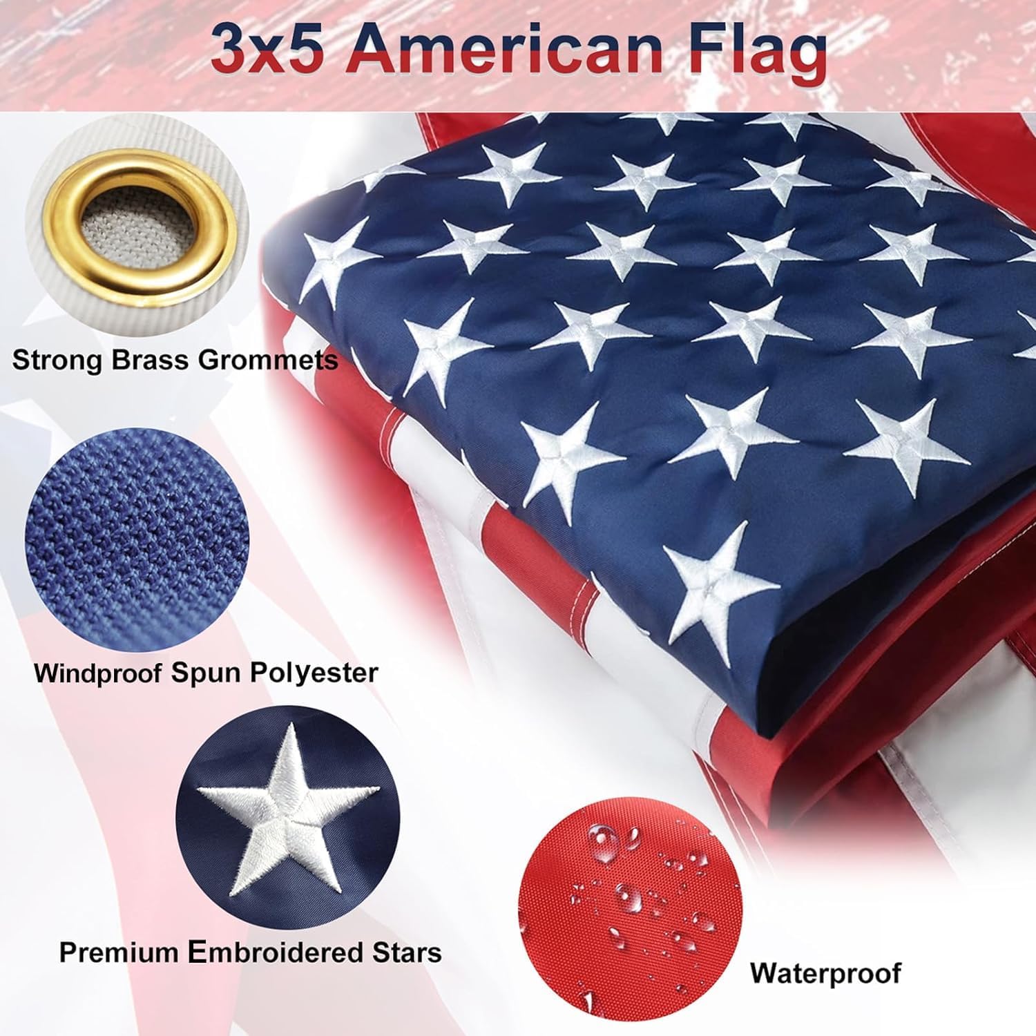 American Flag With Pole Kit For Outside House - 5ft Heavy Duty Metal Flagpole,3x5 Embroidered Us Flags,Tangle Free,Aluminum Bracket For Residential Commercial Use - Portable For Outdoor - White