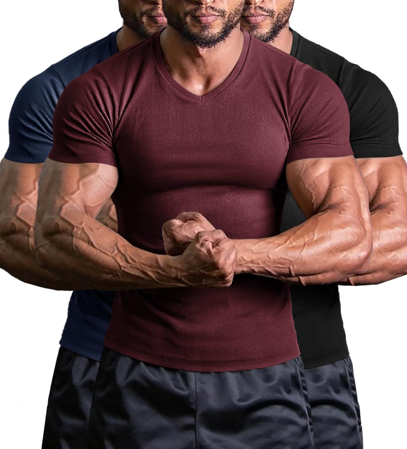 Muscle Cmdr Men's Slim Fit V Neck Short Sleeve Muscle Shirts Workout Athletic Gym Bodyduilding Undershirts Casual Ribbed Top