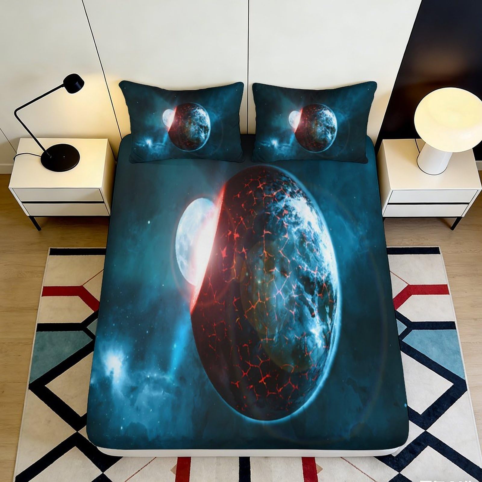 3D Printed Space Planet Fitted Sheet Microfiber Soft Blue Red Cosmic Nebula Mattress Cover Bedroom Decor 90x200x25cm