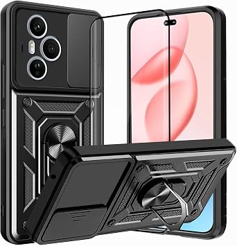 KZIOACSH Case for HONOR 400 Pro with 1 screen Protector, 360 Rotaring Kickstand Slide Camera Cover Shockproof Hybrid Soft TPU+Hard PC Case Military Grade Anti-Scratch Bumper Cover,Black