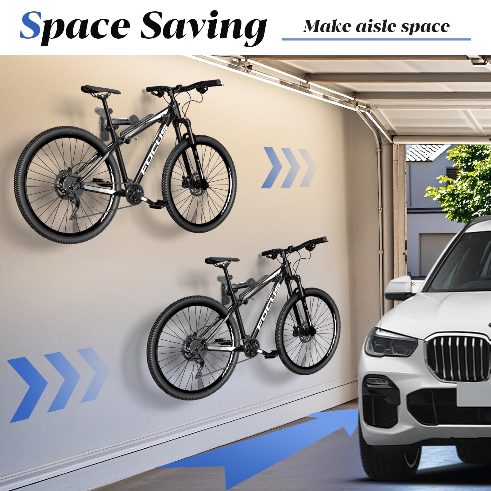 Goovilla Fahrrad-Wandhalterung, verstellbar, platzsparend, horizontal, für Mountainbikes, Straßen, Hybrid-Fahrräder, sichere Aufbewahrung für Zuhause, Garage, einfache Installation, 2er-Pack,