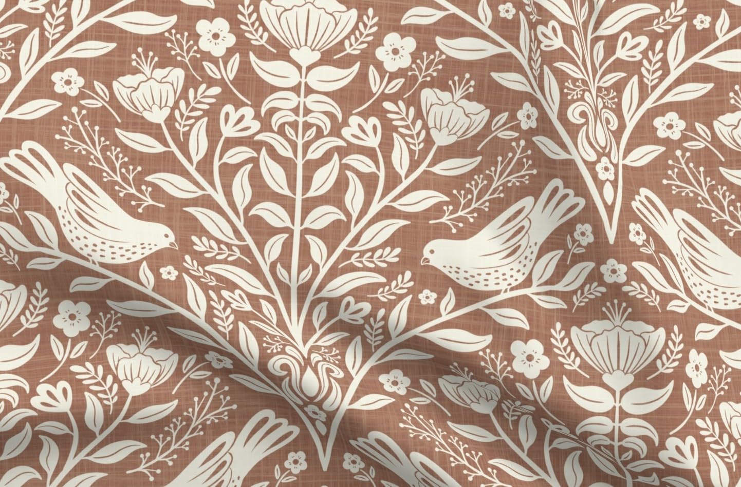 Spoonflower Fabric - Whimsical Cottagecore Botanical Birds Crosshatch Floral Leaves Foliage Printed on Petal Cotton Fabric Fat Quarter - Sewing Quilting Apparel Crafts Decor