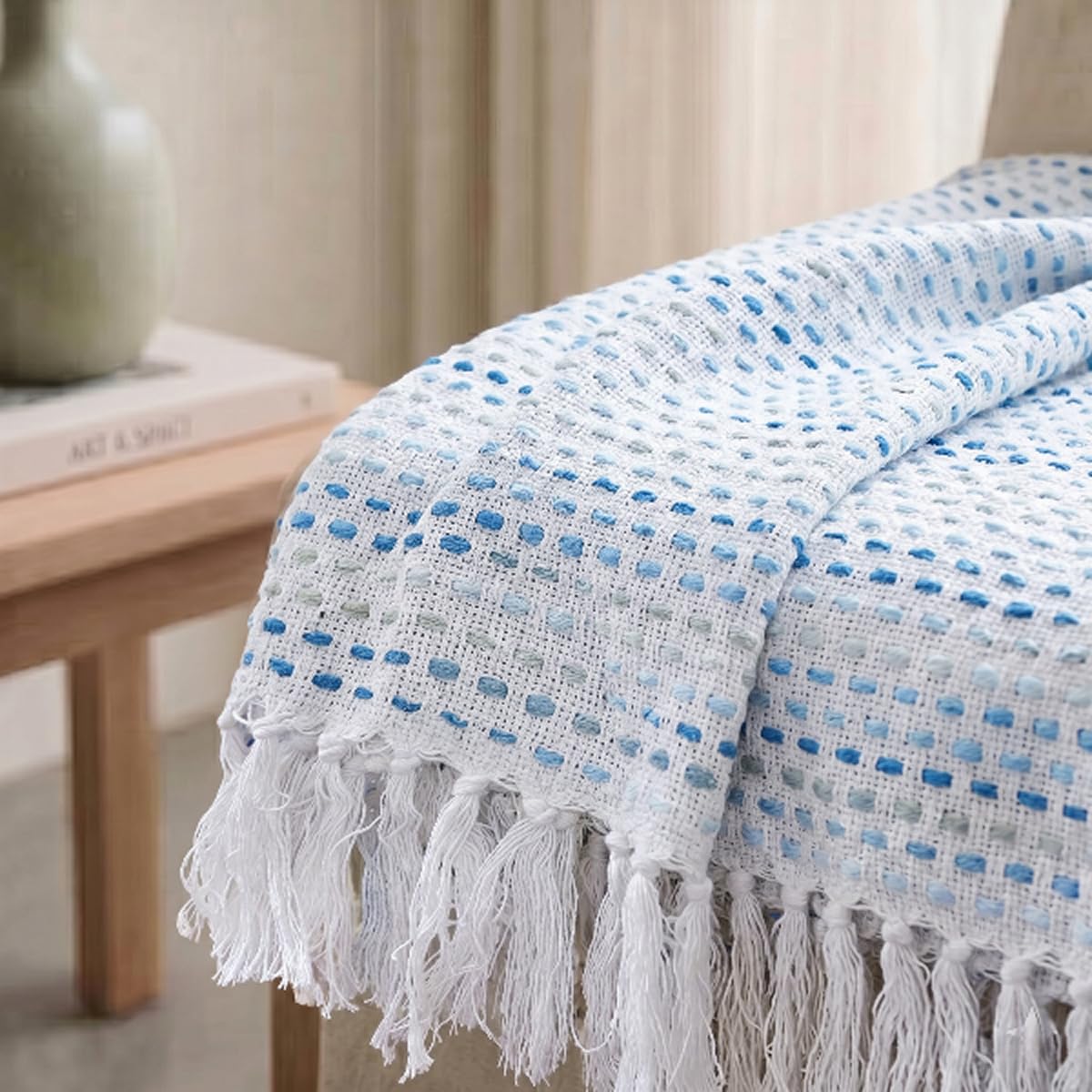 SAJAVAT HOME Hand Knitted Cotton Sofa Throw Blanket | Elegant Neutral All-Season Throw for Sofa, Couch & Bed | Soft Lightweight Knitted Design with Tassels | 80×52 Inches (204×132 cm) 1