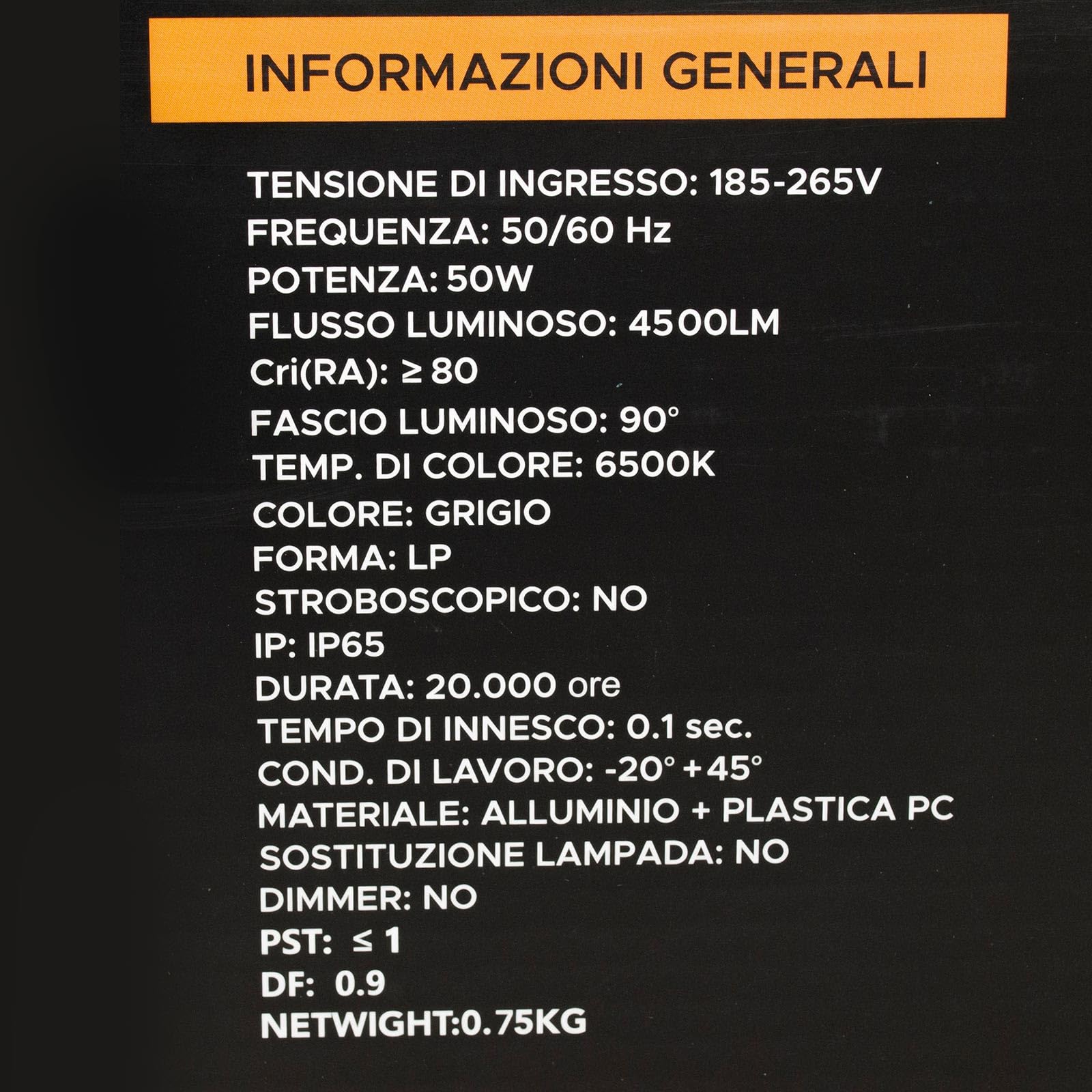 Planetitaly Faro armatura stradale IP65 esterno lampione LED 50W inclinabile 90 gradi luce viali sentieri giardino 4500lm 230V