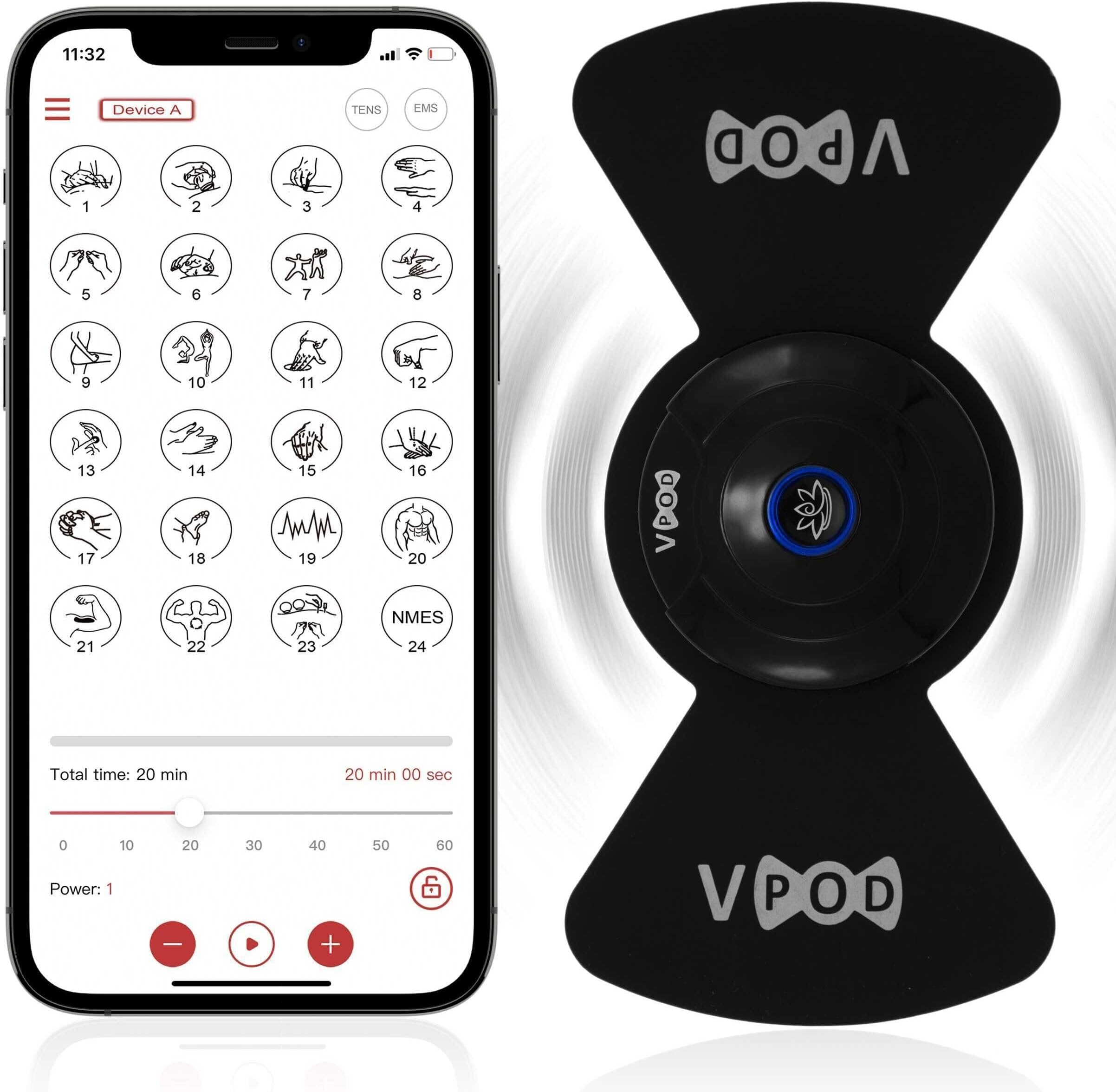 Massage Therapy Concepts VPOD Wireless TENS Unit Muscle Stimulator - Bluetooth Device with 24 Therapy Modes for Pain Relief - HSA FSA Eligible for Back Neck Nerve Pain