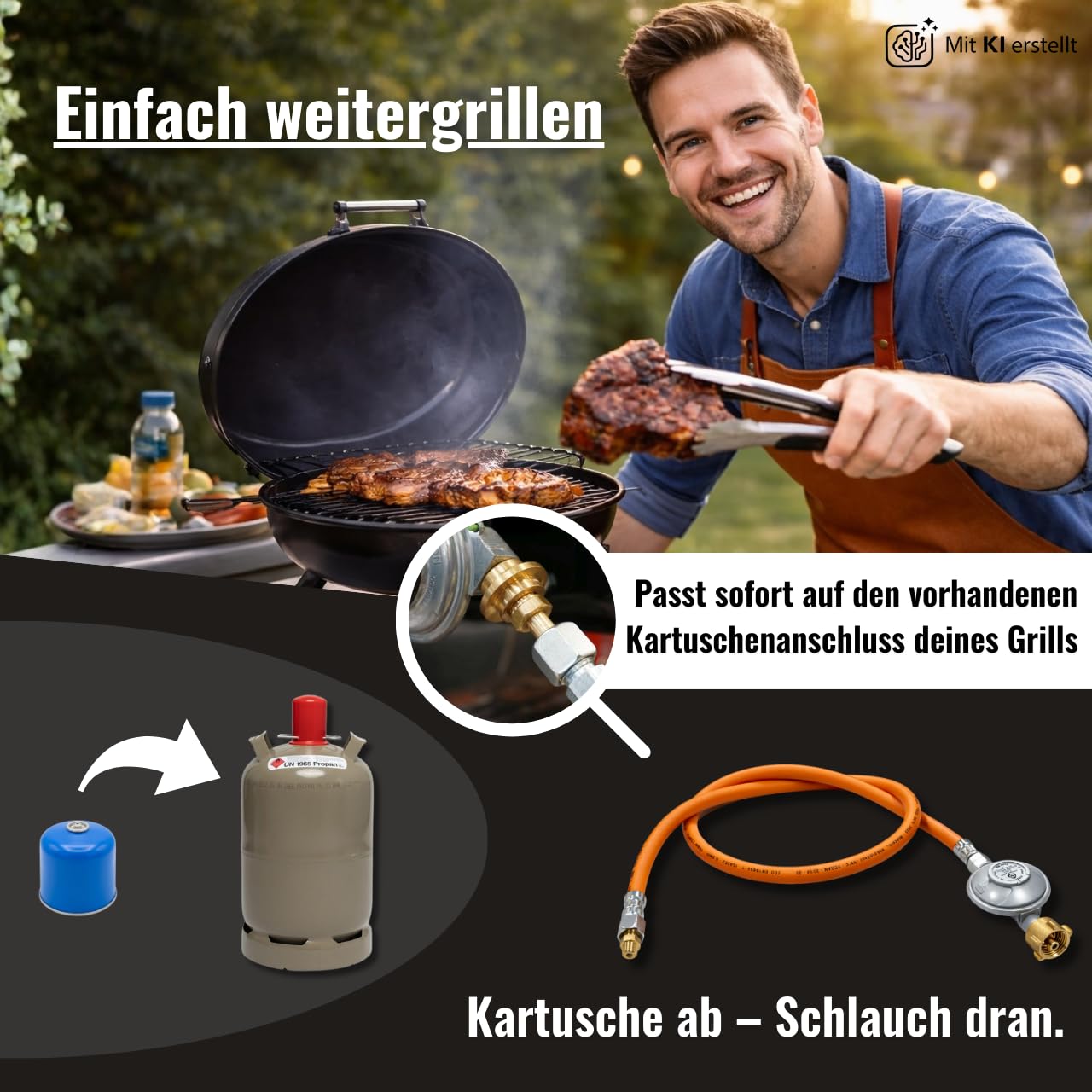 Bluecraft Umrüstset von Schraub Gas Kartusche auf Gasflasche für Gasgrills mit EN417 Schraubkartuschenanschluss Gasdruckminderer 50 mbar Gasschlauch 100cm