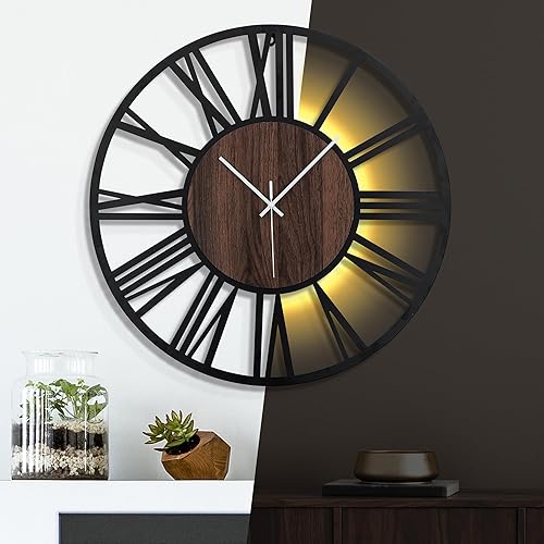 Miniatura 8 de Reloj de pared de metal grande de 24 pulgadas con sensor de voz y luz, luz nocturna, que brilla en la oscuridad, sin tictac, funciona con pilas,