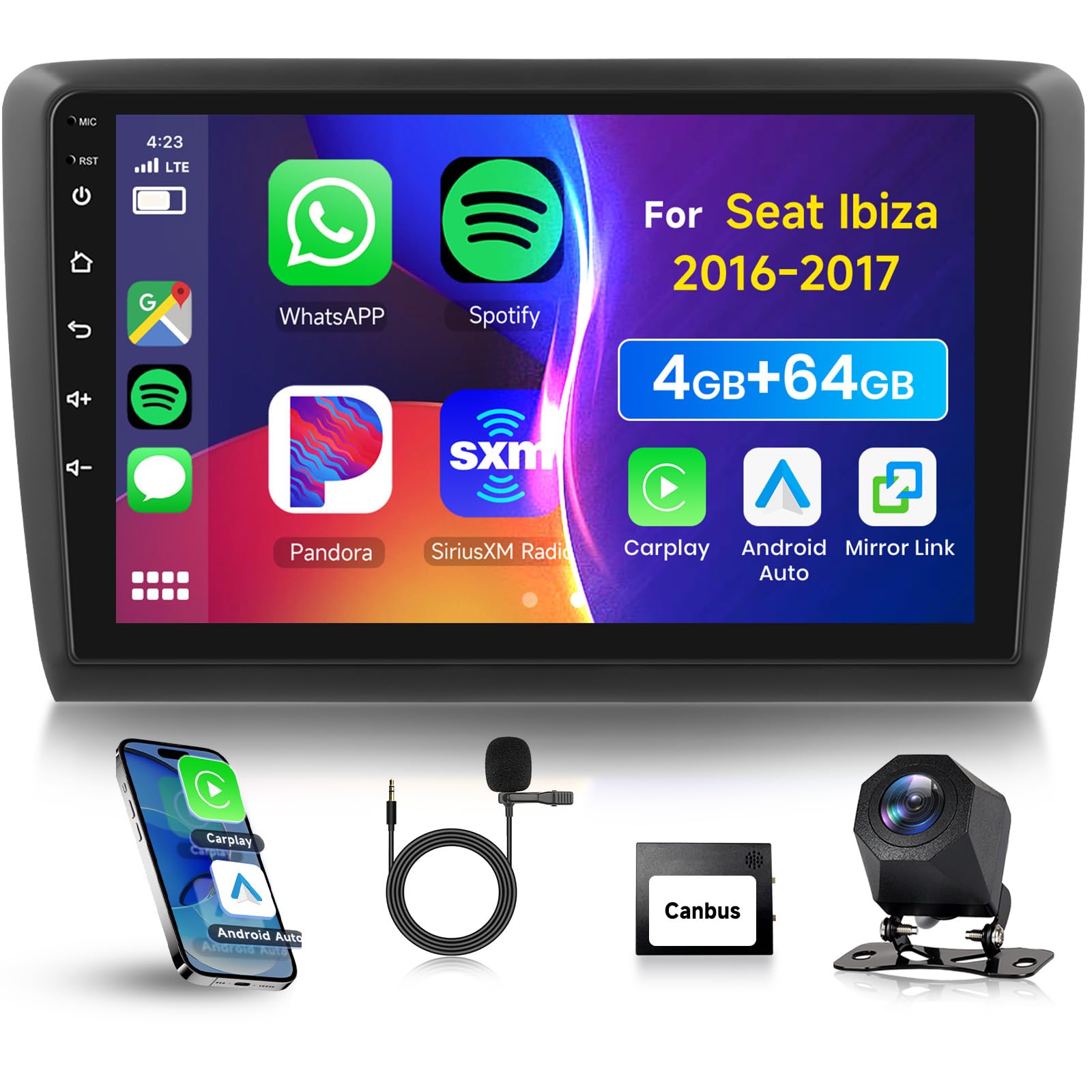 4G 64G VECHTEL 9" Radio para Seat Ibiza 2016-2017 Carplay Android Auto,Android 15,DSP EQ,Bluetooth WiFi GPS,RDS/FM Radio con cámara de visión Trasera AHD