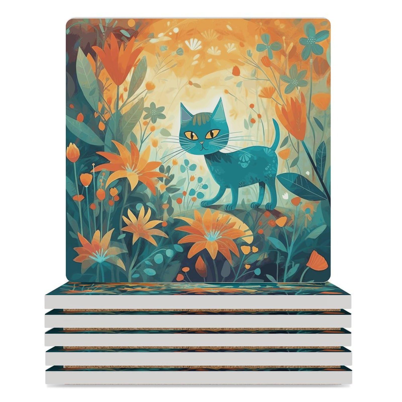 Dessous de verre céramique chat avec liège pour table de cuisine et déco de bar