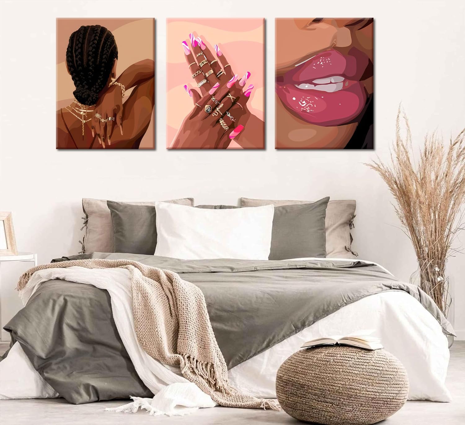 Black Girl Pink Wall Art Set of 3 African American Black Women Canvas Posters Fashion Black Girl Wall Decor Pictures Prints for Home Living Room Bedroom Bathroom Decoration 16x24 Inch Framed