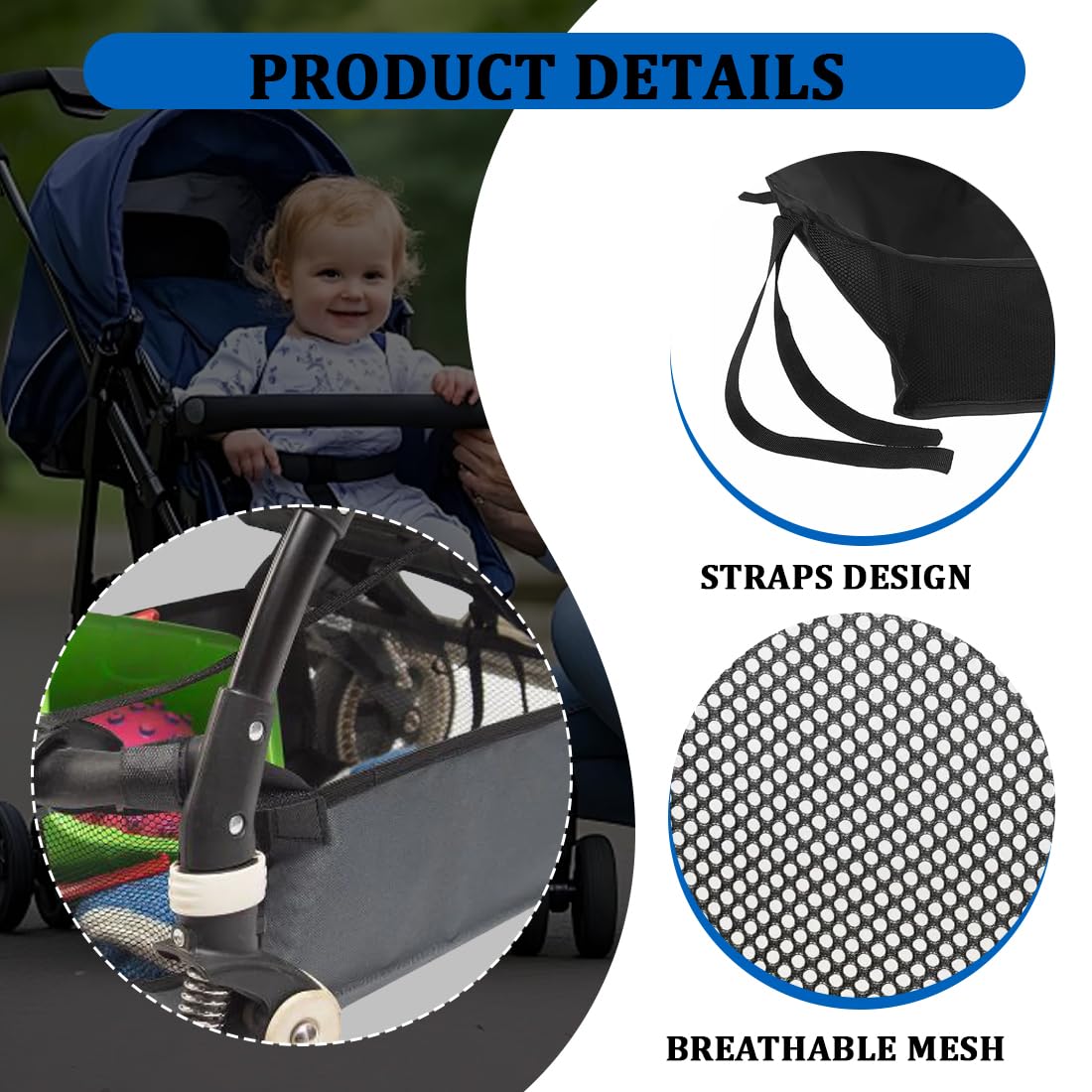 Portaoggetti e organizer per passeggino,1 borsa portaoggetti in rete per passeggino, cestino portaoggetti universale per passeggino, per riporre gli accessori per il bambino.
