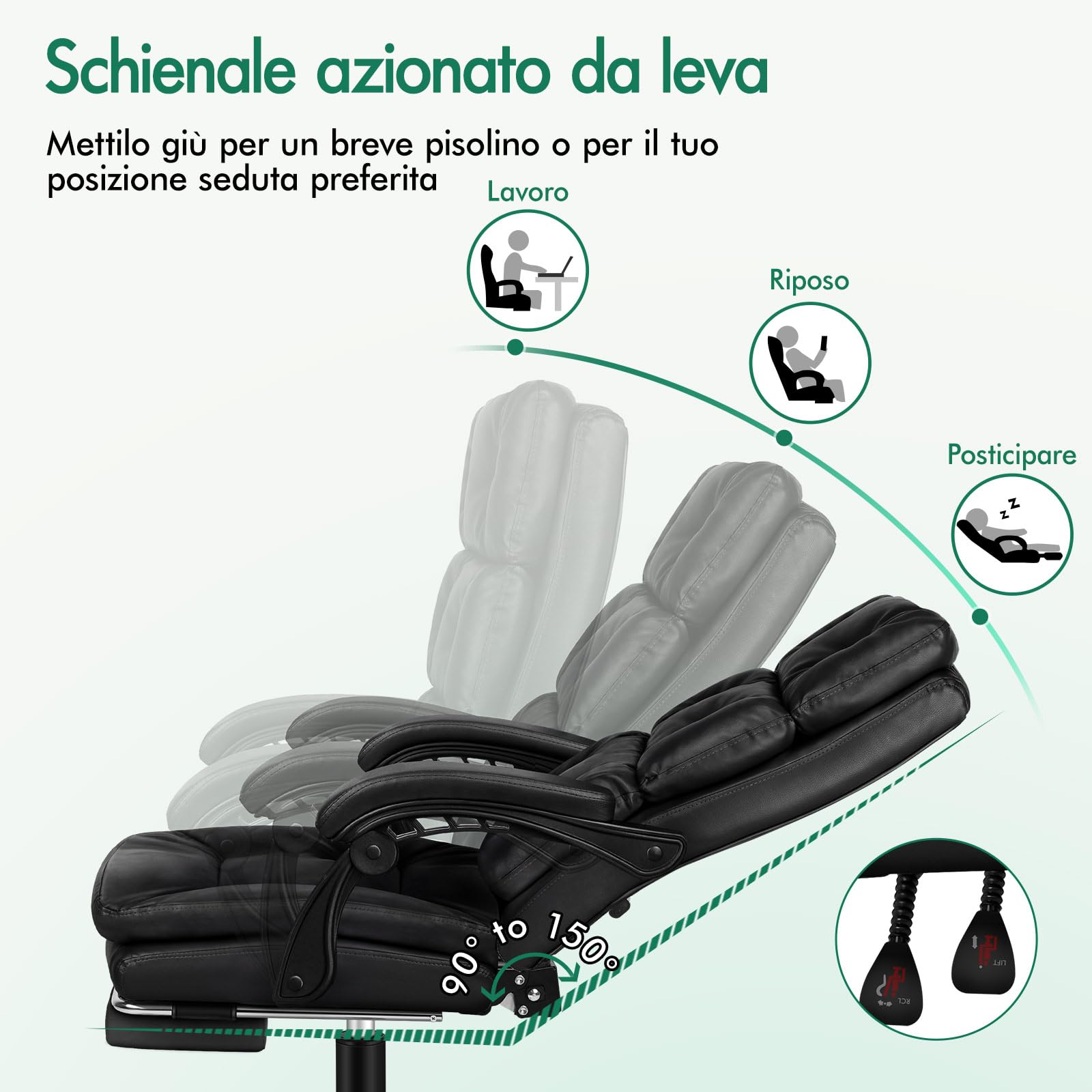 ALFORDSON Sedia da Ufficio Ergonomica, Poltrona Direzionale, Girevole e Altezza Regolabile, da Scrivania in Studio e Ufficio, con Rotelle con Poggiagambe, Portante di 180 kg, Similpelle(Nera)