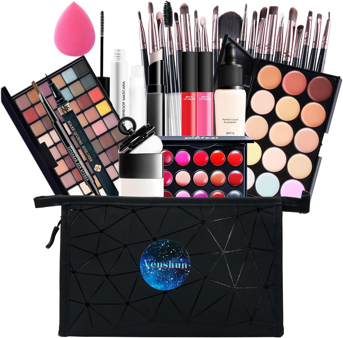 All in one makeup kit full versatile essential eyeshadow palette lipstick, blush, foundation, concealer, lip gloss, mascara, lip balm, powder puff powder, makeup set for women