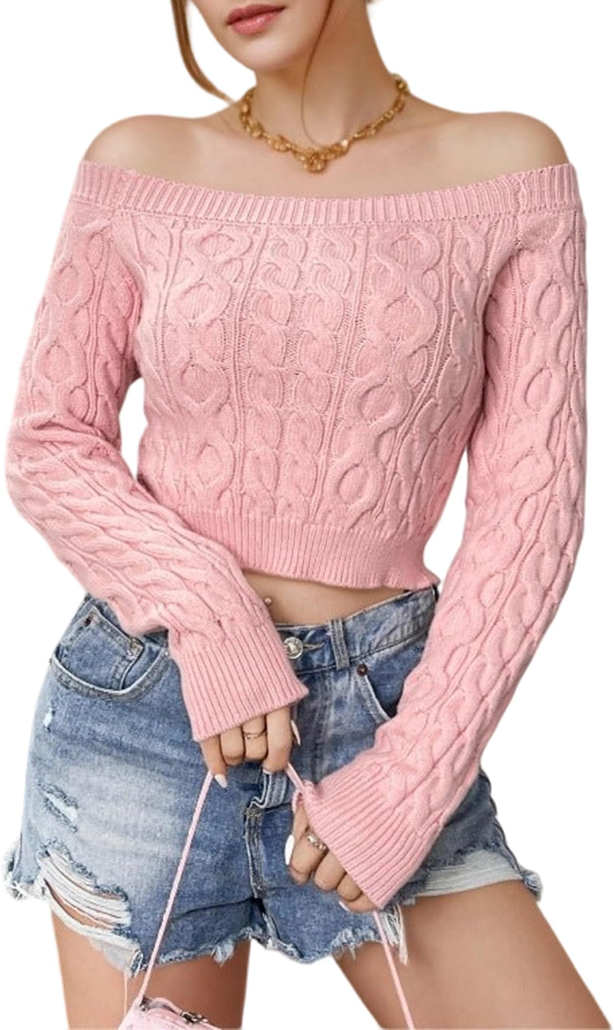 Women's Off Shoulder Sweater One Piece Collar Knit Pullover Casual Crop Long Sleeve Cable Going Out Tops