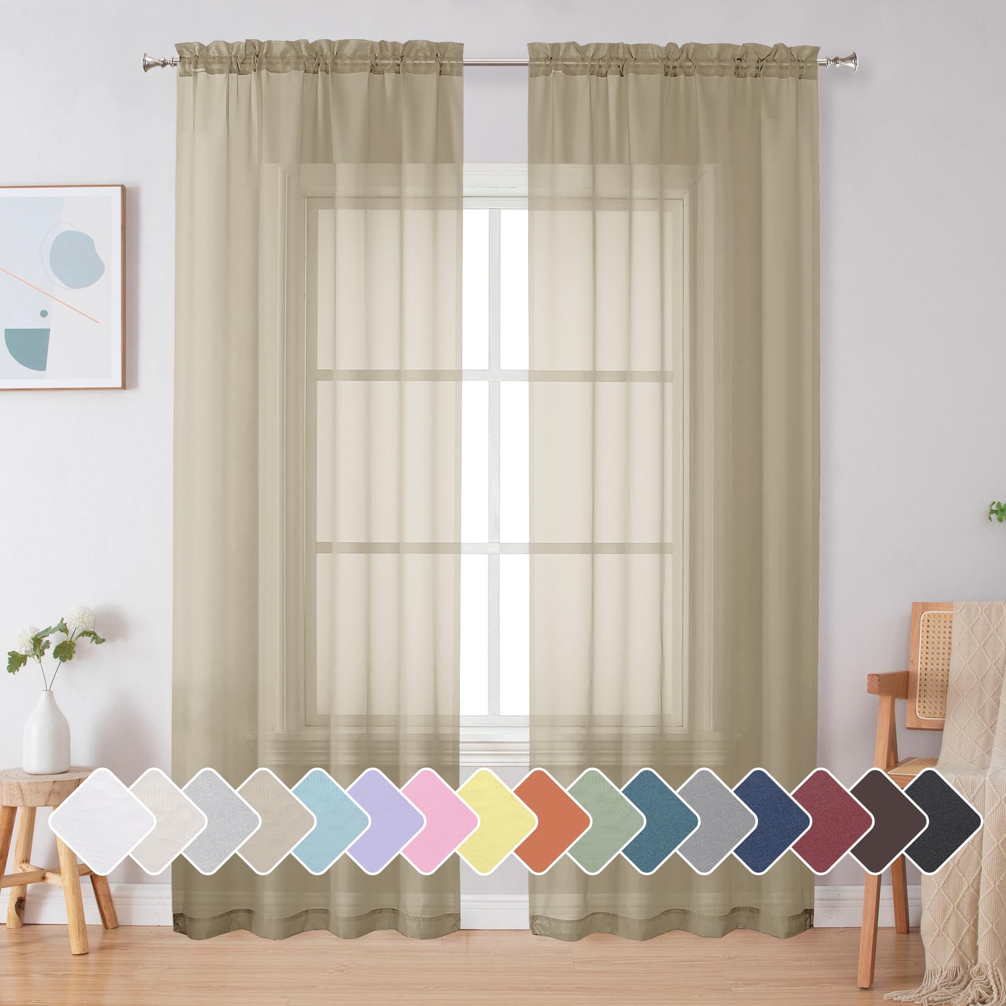 Simplebrand Taupe Sheer Curtains 72 Inches Long 2 Panels for Living Room