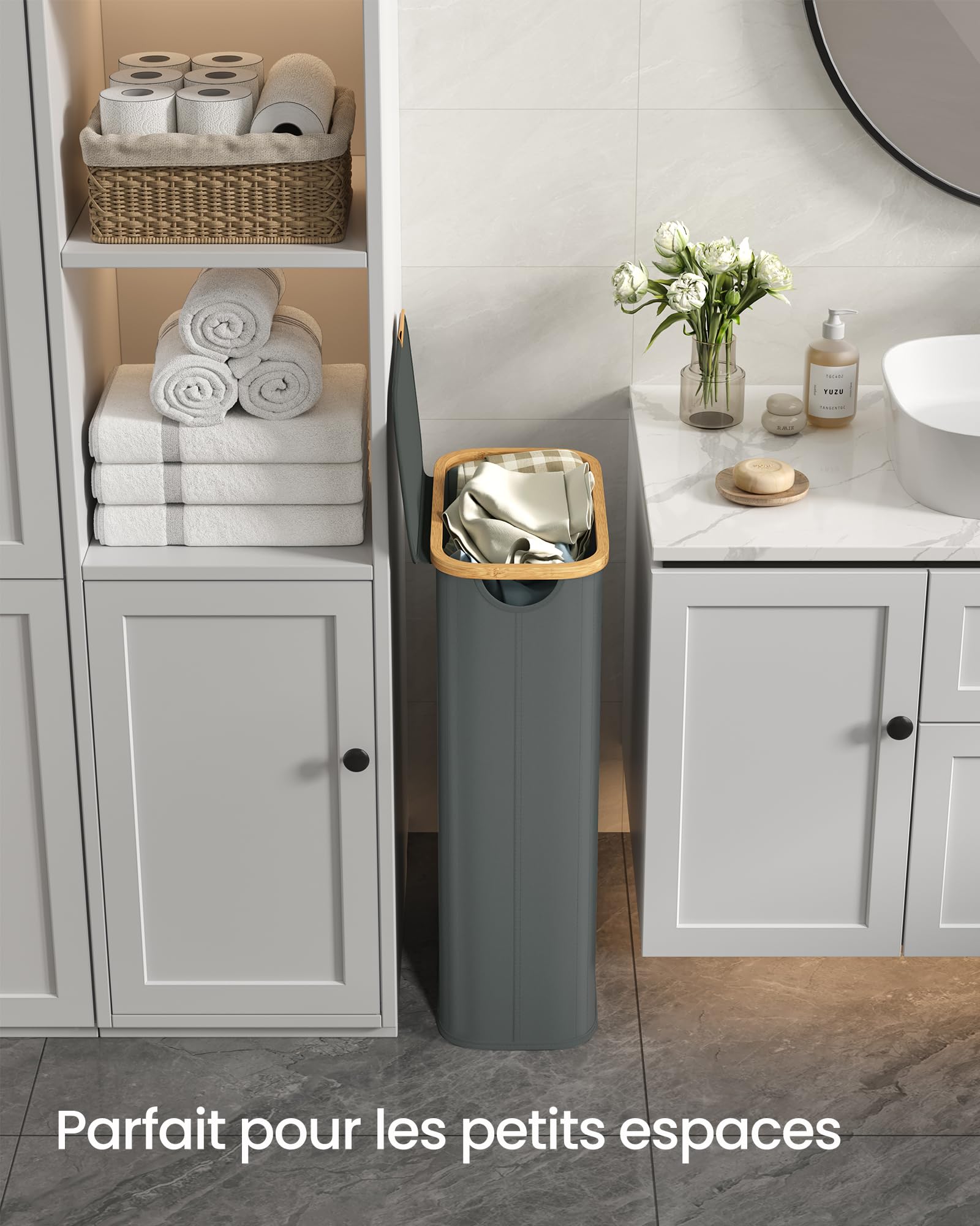 SONGMICS Panier à Linge avec Couvercle, Corbeille Fine, en Tissu Oxford, Pliable, Cadre en Bambou, pour Buanderie, Chambre, Salon, 70 L, 42 x 22,5 x 70,5 cm, Gris Ardoise LCB517GN01