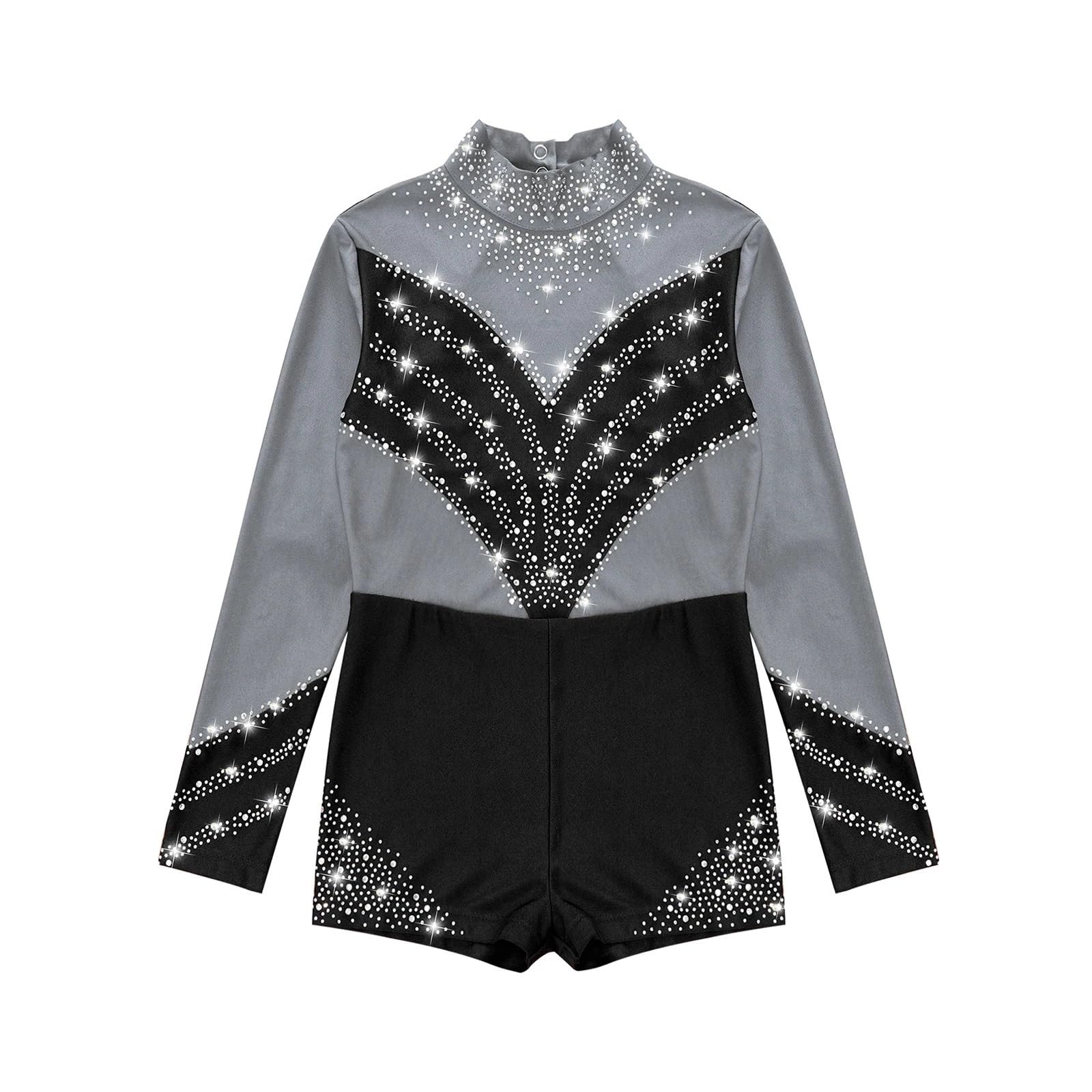 Gymnastikanzug Mädchen Ballettanzug for Mädchen, Tanzanzug, Eiskunstlauf, Gymnastik, Akrobatik, Bühnenkostüm, langärmelig, glänzender Diamant-Bodysuit(Silver Grey Black A,8)