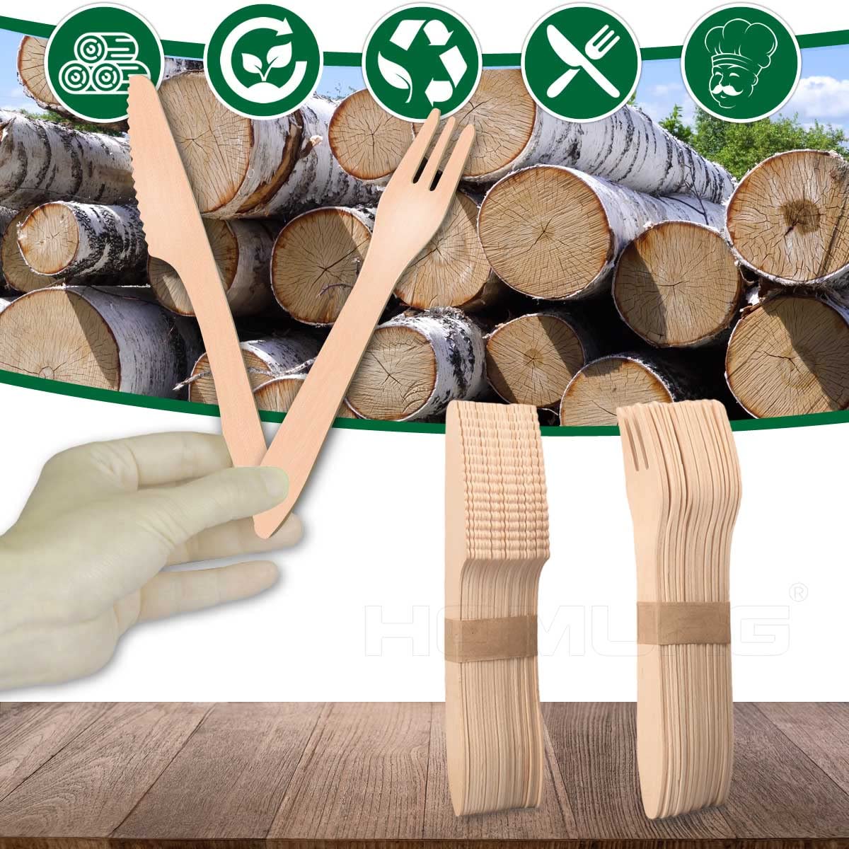 Besteck Messer und Gabeln Set Einweg 100 Stück, Holzbesteck und Einwegbesteck mit 50 Kuchengabel +`50 Dessertmesser, Tafelmesser Holzmesser und Holzgabeln 7 Zoll Besteckset für Party 50 Gäste