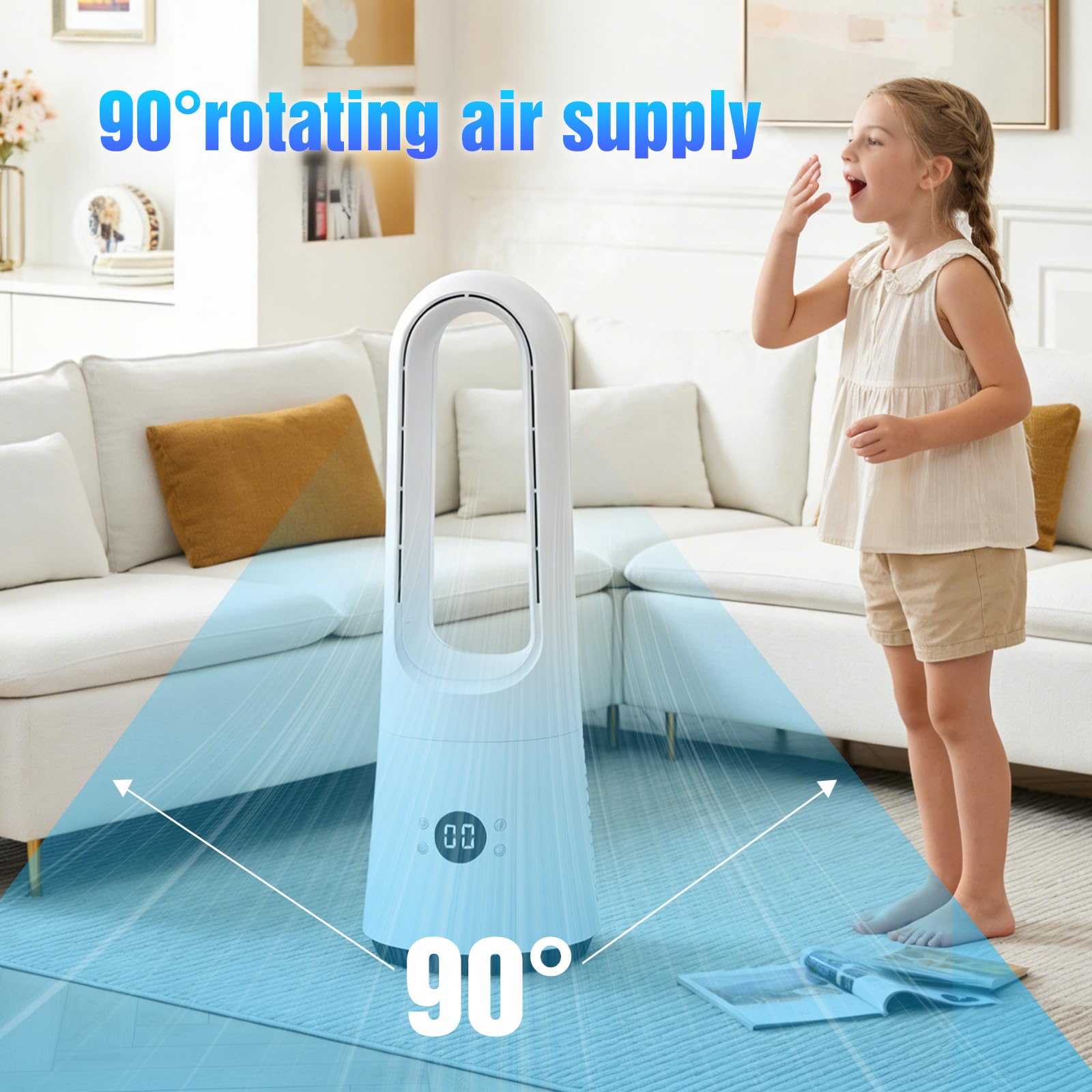 25 Zoll Blattloser Ventilator mit Fernbedienung, Turmventilator Standventilator 90° Oszillation 8H Timer Leiser Ventilator für Schlafzimmer, Luftventilator mit Touch-Bedienung (Schwarz-21 zoll)