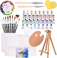 JMark 48pc Deluxe Acrylic Painting Kit for Adults: Adjustable Easel, 6 Canvases, 24 Paints, Brushes, Palettes & Tools