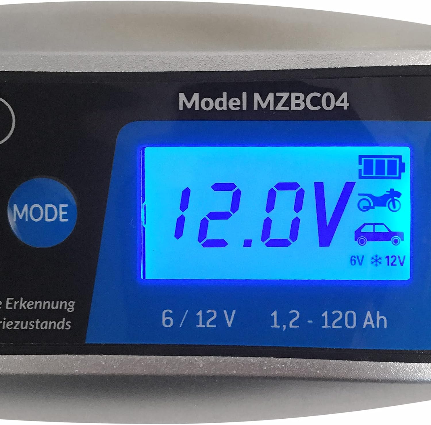 Close-up of Monzana MZBC04 LCD display showing 12.0V