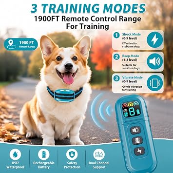 Ultra-Small Dog Shock Collar for 5-30 Pound Small Dogs - 1900Ft Range,Training Collar with Remote Control,3 Training Modes Beep,Vibration,Safe Shock, Waterproof E-Collar (Blue, Small)
