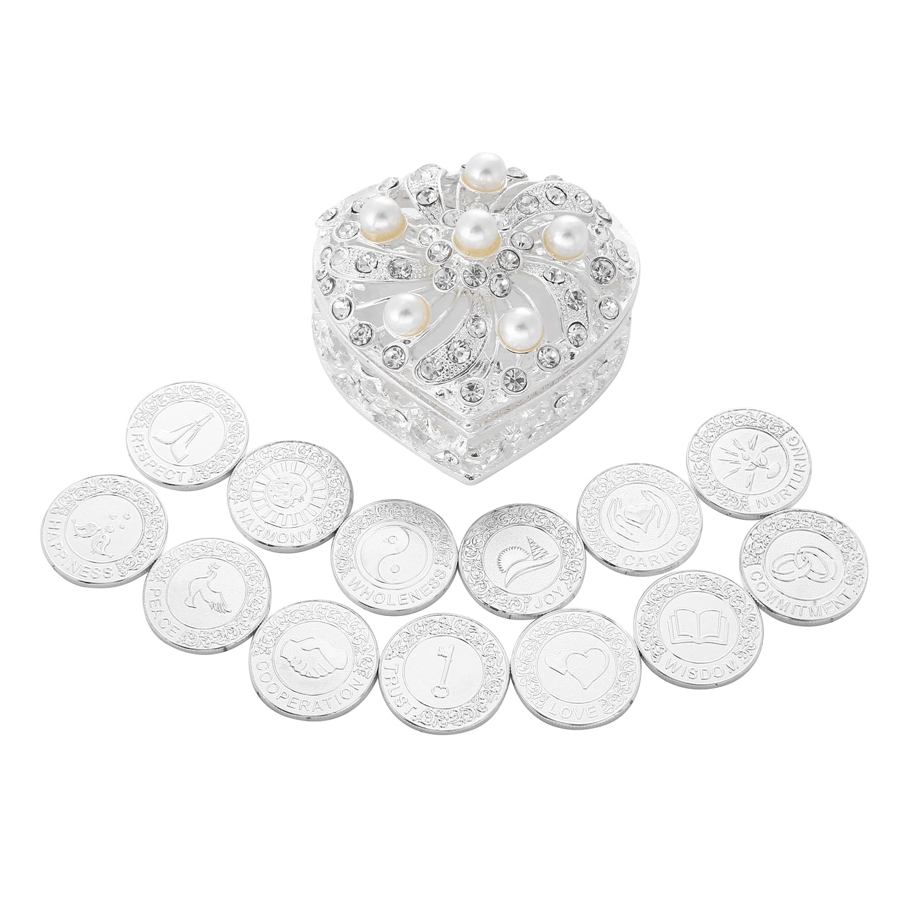 TINGKU TINGKU Arras recuerdos para boda, ceremonia de unidad de boda, monedas de plata inglesas, recuerdos católicos de boda con caja en forma de corazón, Arras de boda con caja dorada