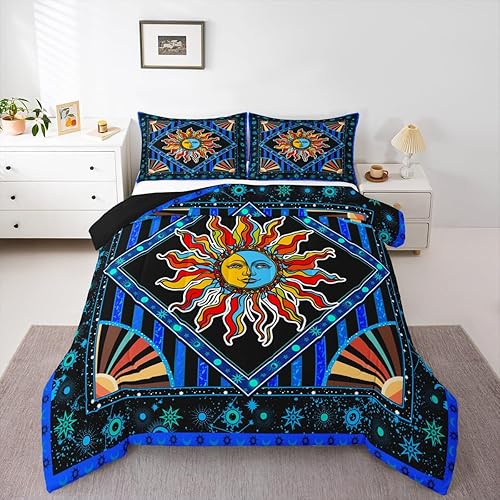 Erosebridal Juego de edredón bohemio con sol y luna, tamaño individual, color azul, juego de ropa de cama con sol bohemio para dormitorio de niños,