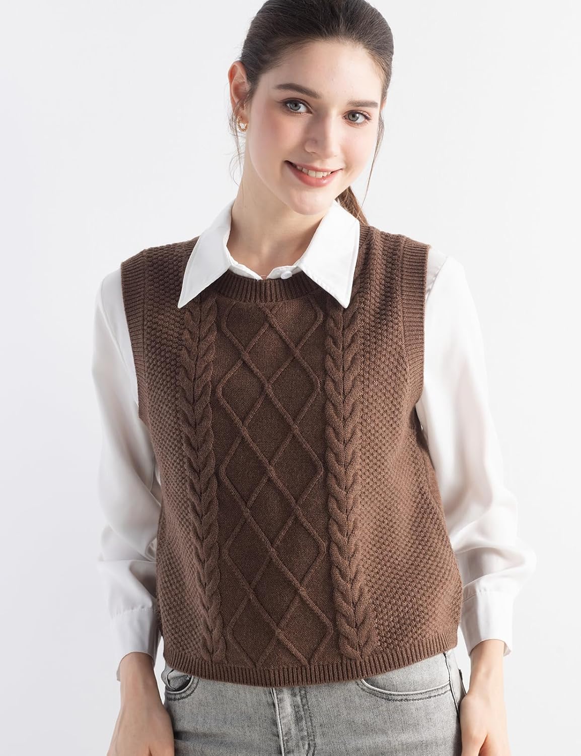 Women's Merino Wool Blend Sweater Vest 2025 Fall Winter Casual Crew Neck Cable Sleeveless Knit Pullover Sweater - Image 2