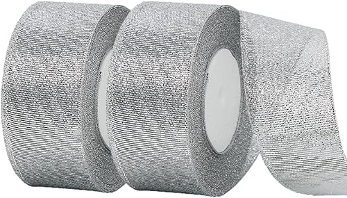 Cinta plateada brillante con purpurina de 1 pulgada x 25 yardas, cinta plateada metálica brillante para decoración de árbol de Navidad, cumpleaños,