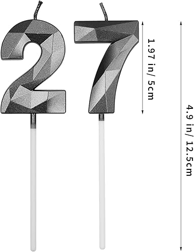 Miniatura 9 de Velas de cumpleaños de 27 y 72 para pastel, número plateado 27 72 3D con forma de diamante, decoración de cumpleaños, suministros de fiesta para