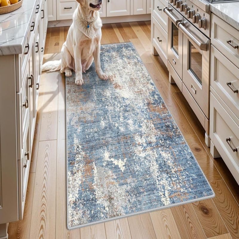 Alfombra de cocina abstracta azul de 60x180 cm ideal para dar color y proteger pasillos con mascotas
