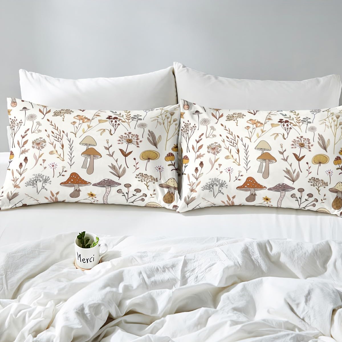 Feelyou Kawaii Fungus Bed Sheet Set Queen Size Cute Mushroom Decor Fitted Sheet for Kids Boys Girls Decor Cartoon Mushrooms Bedding Set Wild Bed Cover Bedroom