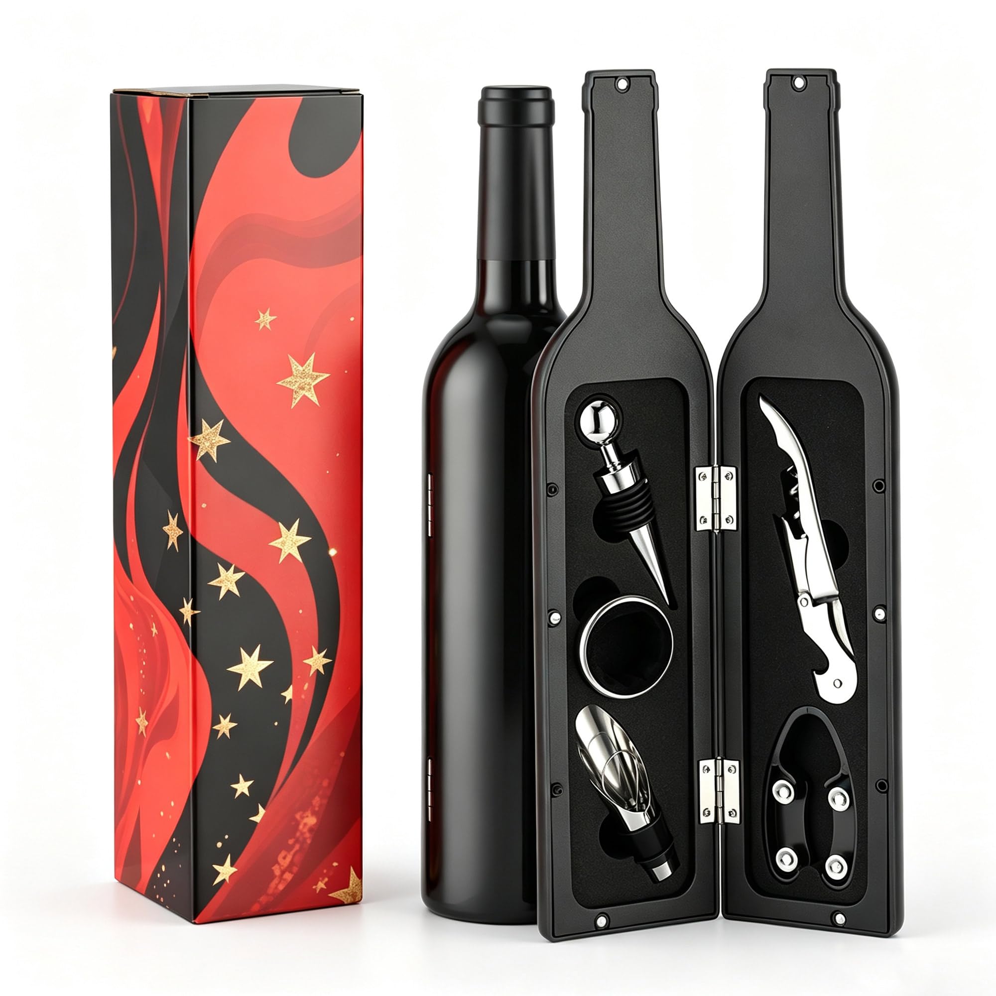 KINGROW Set regalo accessori vino nero con 5 strumenti in valigetta